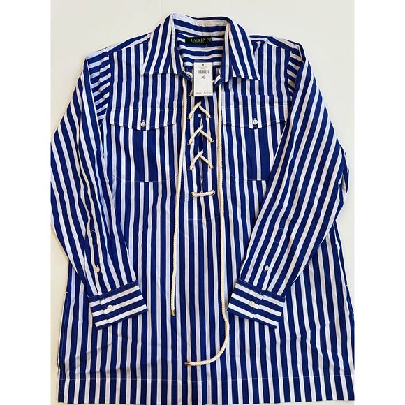 Lauren Ralph Lauren Women's Long Sleeve Blue White Stripe Shirt Size PL NWT - Picture 10 of 16